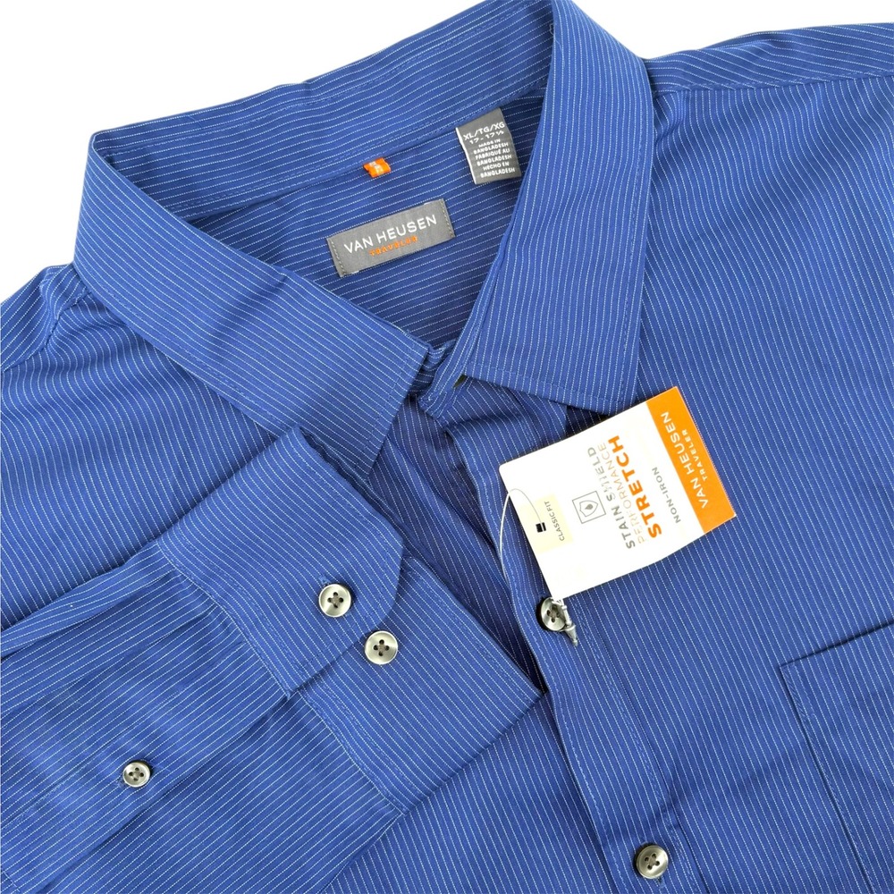 Van Heusen Traveler Shirt XL Blue Micro Stripe Non Iron Stain Shield Stretch